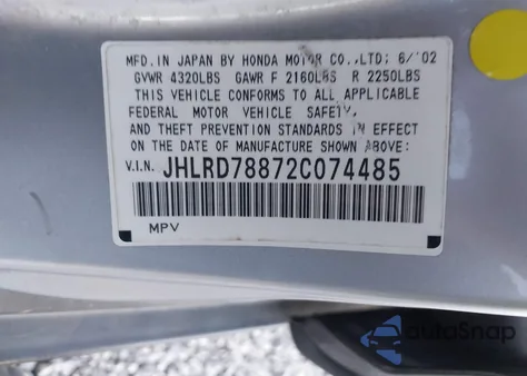 2002 Honda Cr-V Ex z USA, uszkodzony, nr VIN JHLRD78872C074485